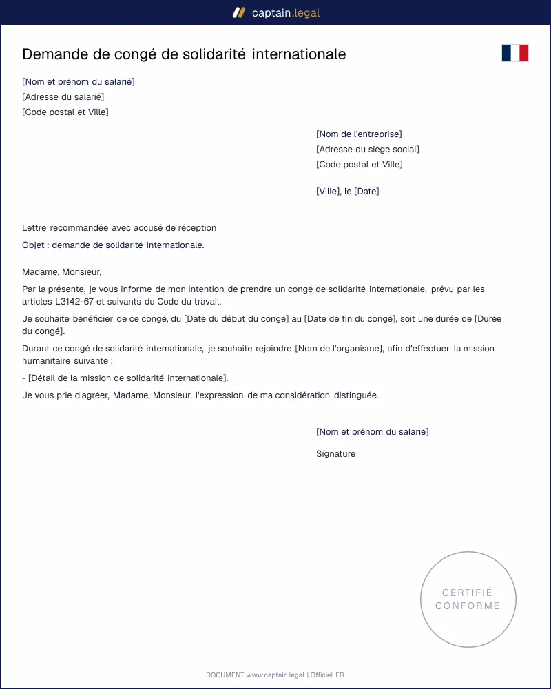 Demande de congé de solidarité internationale