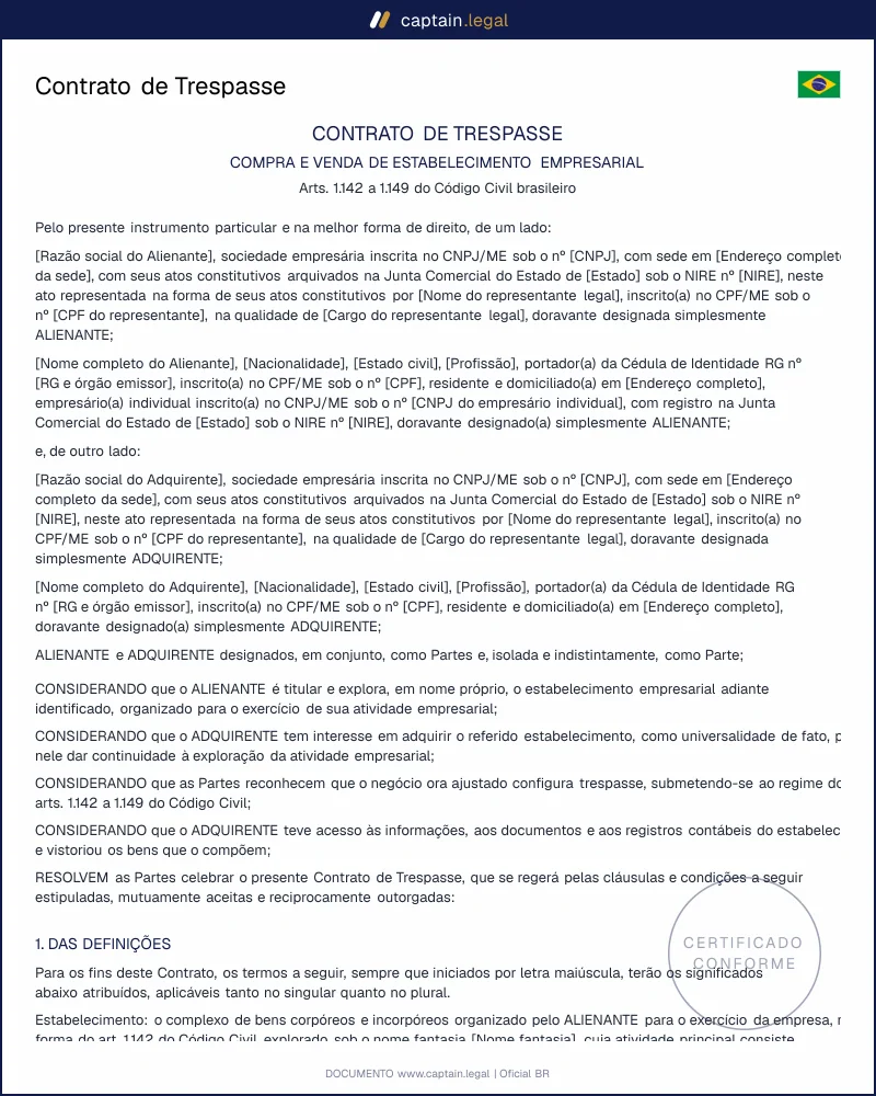 Trespasse: arts. 1.142 a 1.149 do Código Civil | Word e PDF