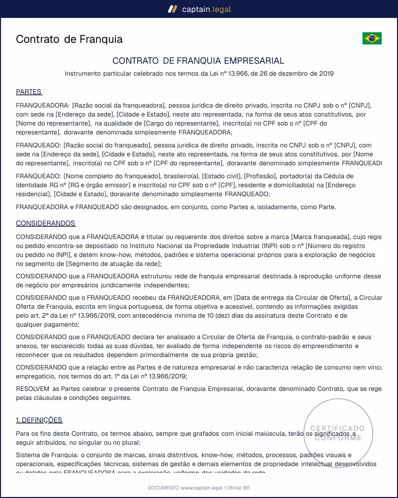 Contrato de Franquia conforme a Lei 13.966/2019 | Word e PDF