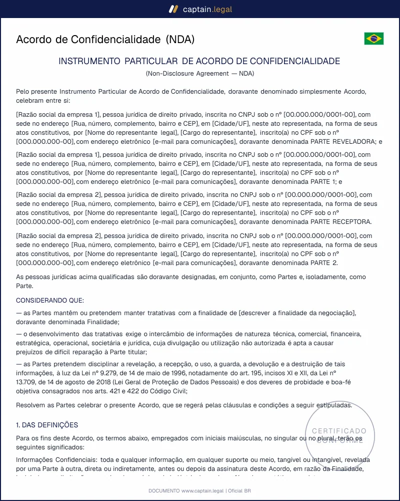 Acordo de Confidencialidade: Lei 9.279/96 e LGPD | NDA