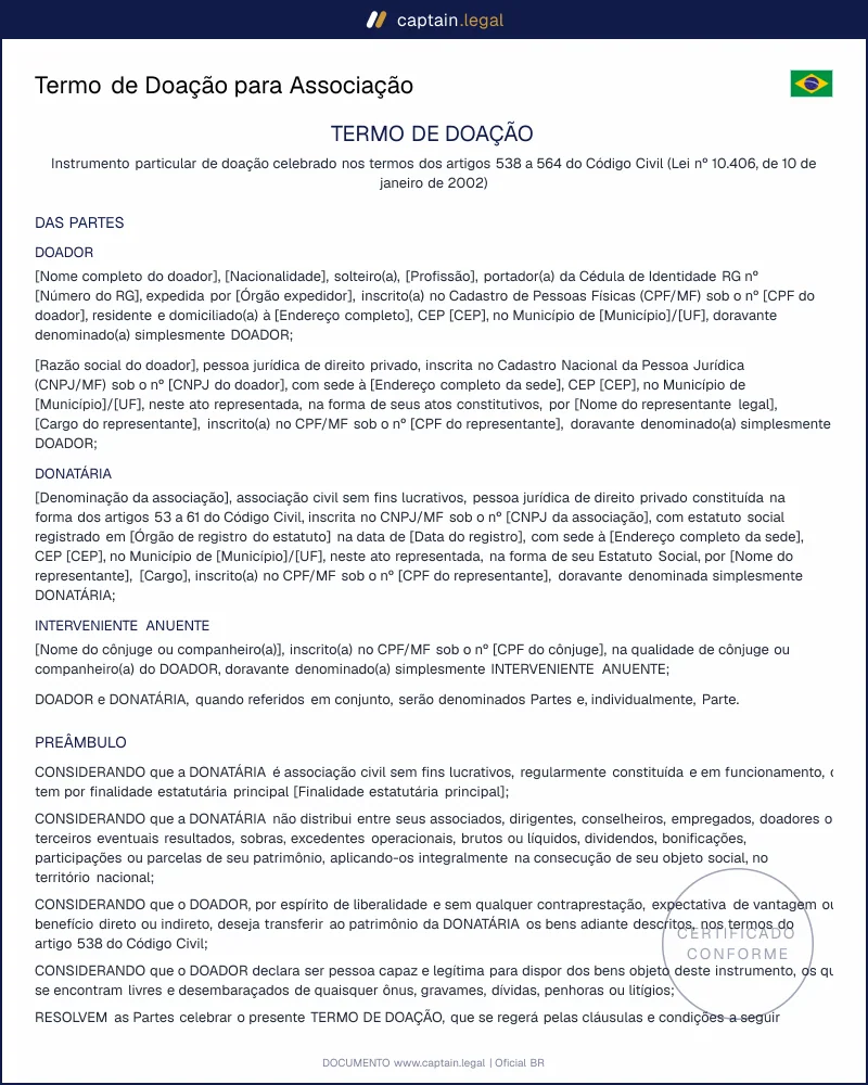 Termo de Doação para Associação | Código Civil, art. 538