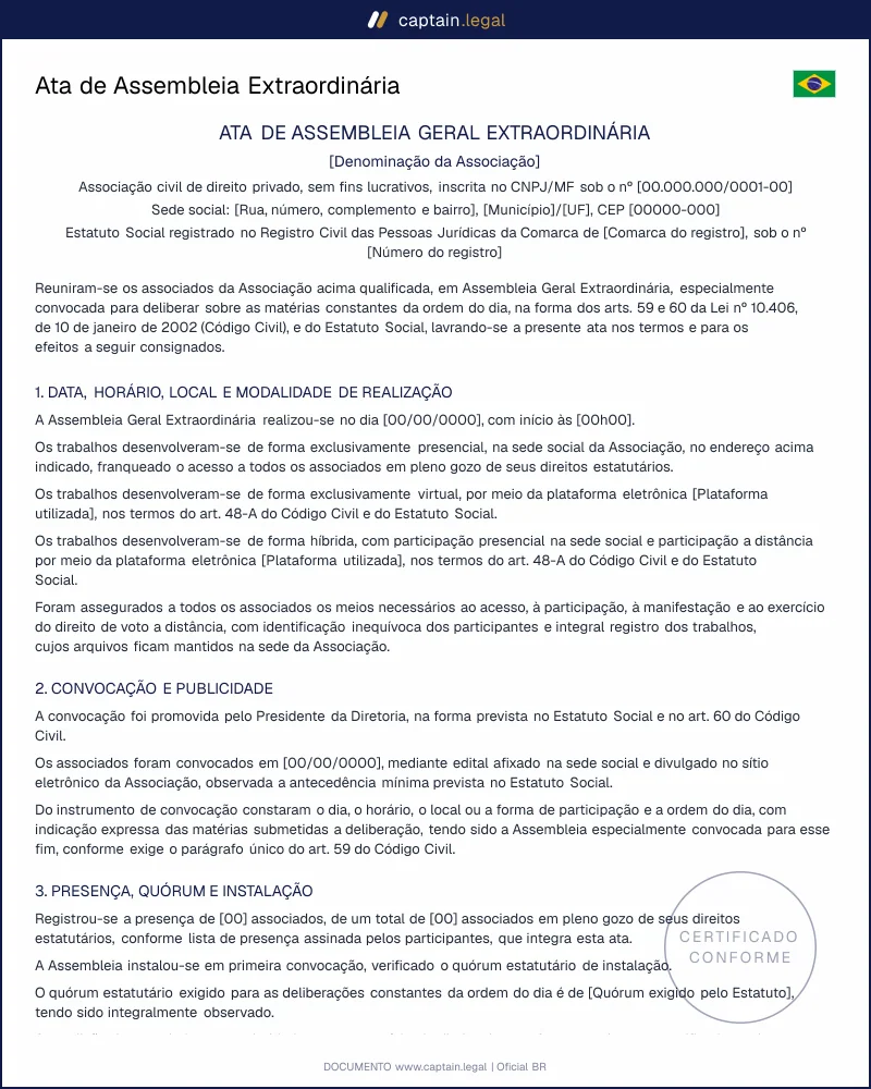 Ata de Assembleia Extraordinária | CC arts. 59 e 60