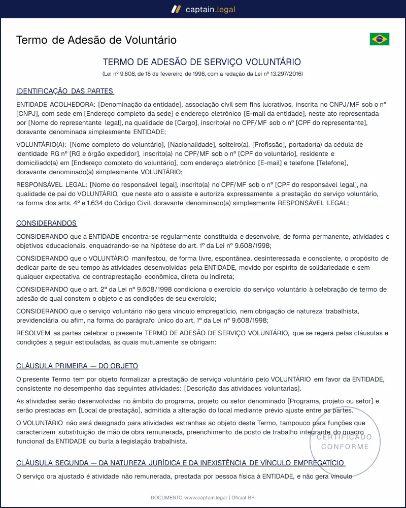 Termo de Adesão de Voluntário | Lei 9.608/1998