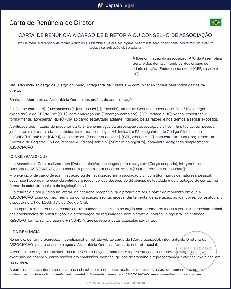 Carta de Renúncia de Diretor | Código Civil art. 1.063