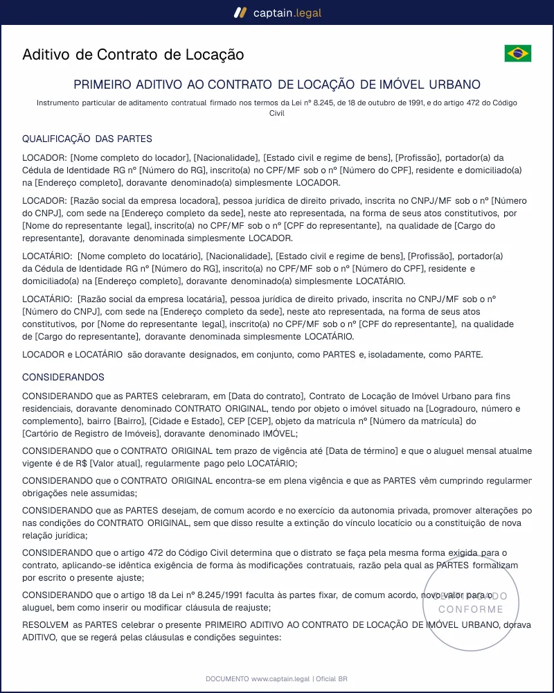 Aditivo de Locação conforme a Lei 8.245/91 | Word e PDF