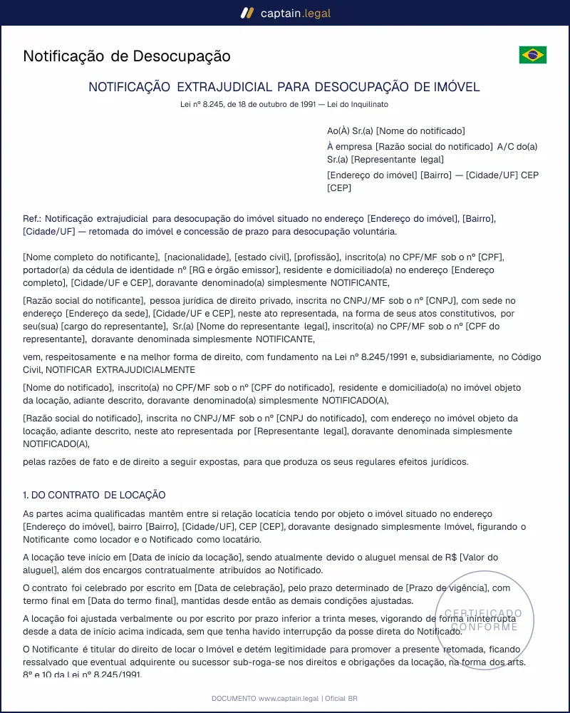 Notificação de Desocupação | Lei 8.245/91, arts. 46 e 57
