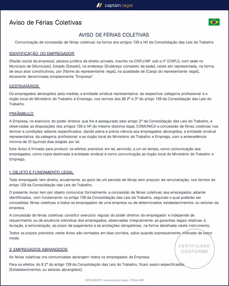 Férias Coletivas: Aviso conforme o art. 139 da CLT