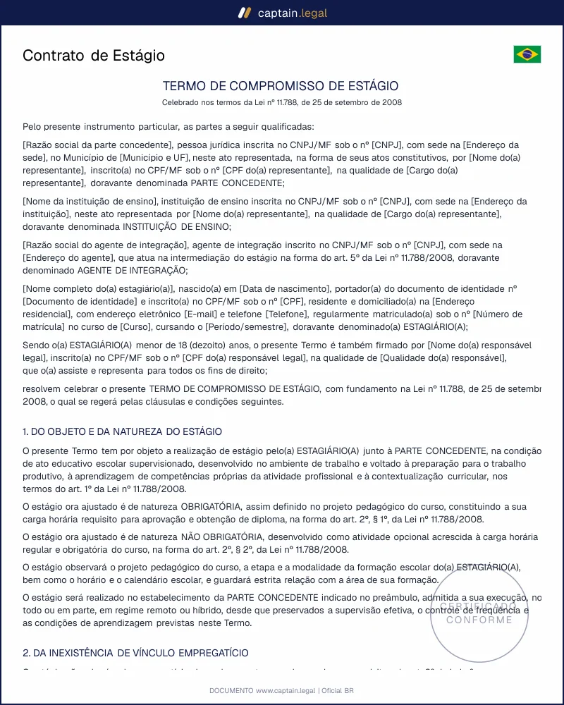 Contrato de Estágio conforme a Lei 11.788/2008 | Word e PDF
