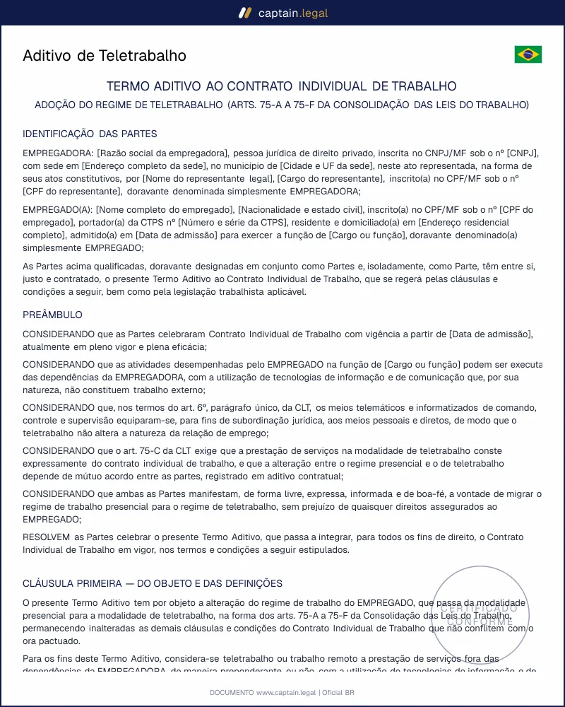 Aditivo de Teletrabalho | Arts. 75-A a 75-E da CLT