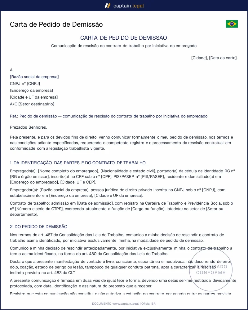 Pedido de Demissão conforme o art. 487 da CLT | Word e PDF