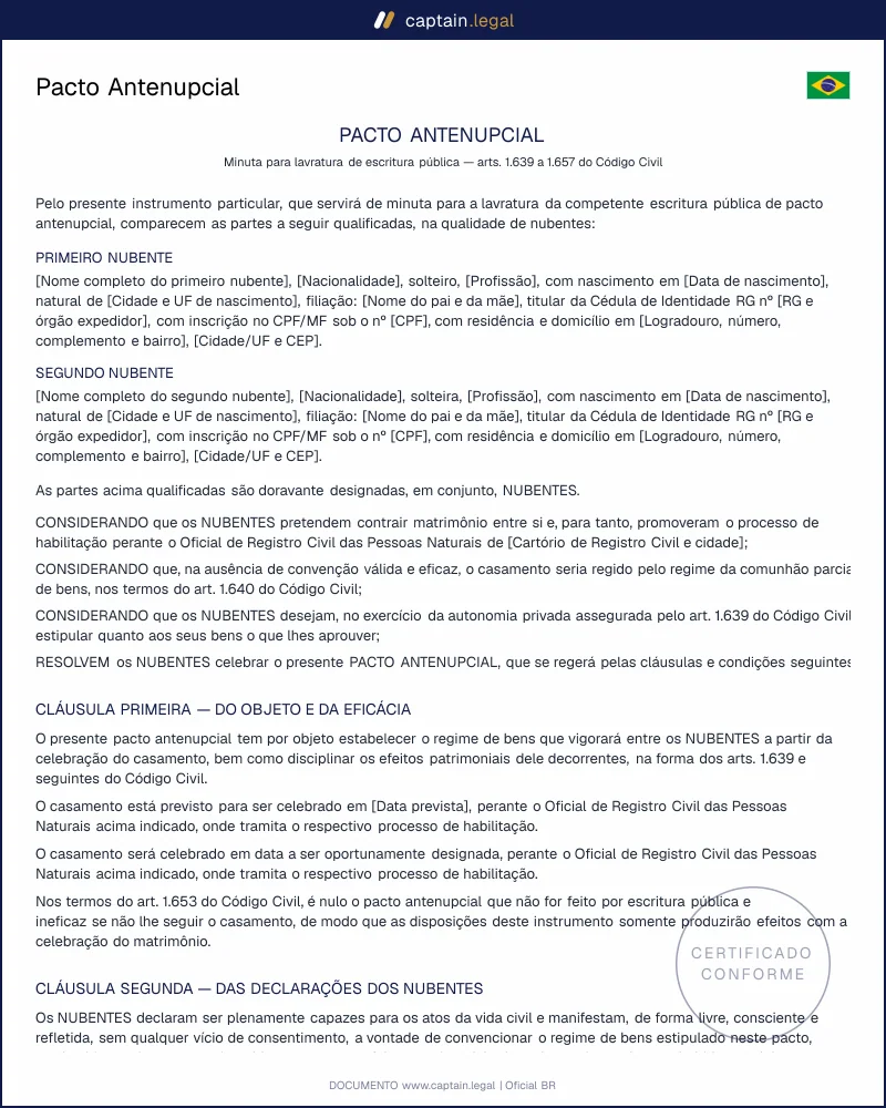 Pacto Antenupcial: arts. 1.639 e 1.653 do Código Civil