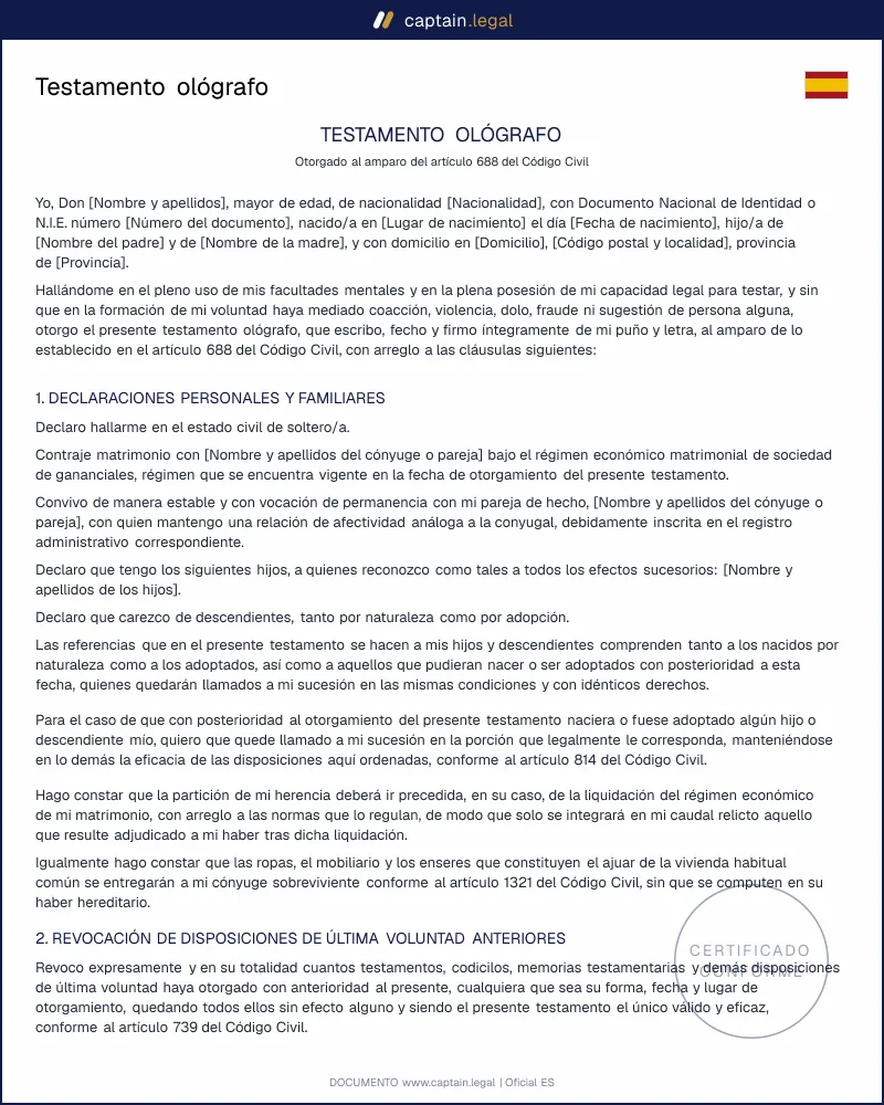 Testamento ológrafo válido: requisitos del art. 688 CC