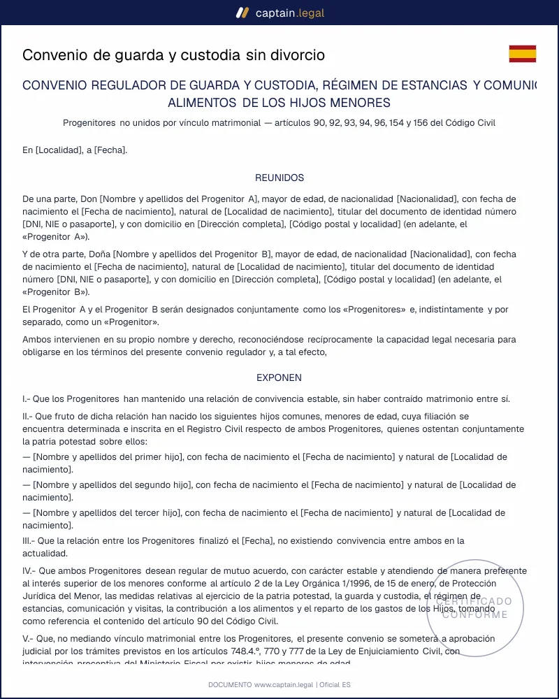 Guarda y custodia sin divorcio | Modelo art. 90 CC