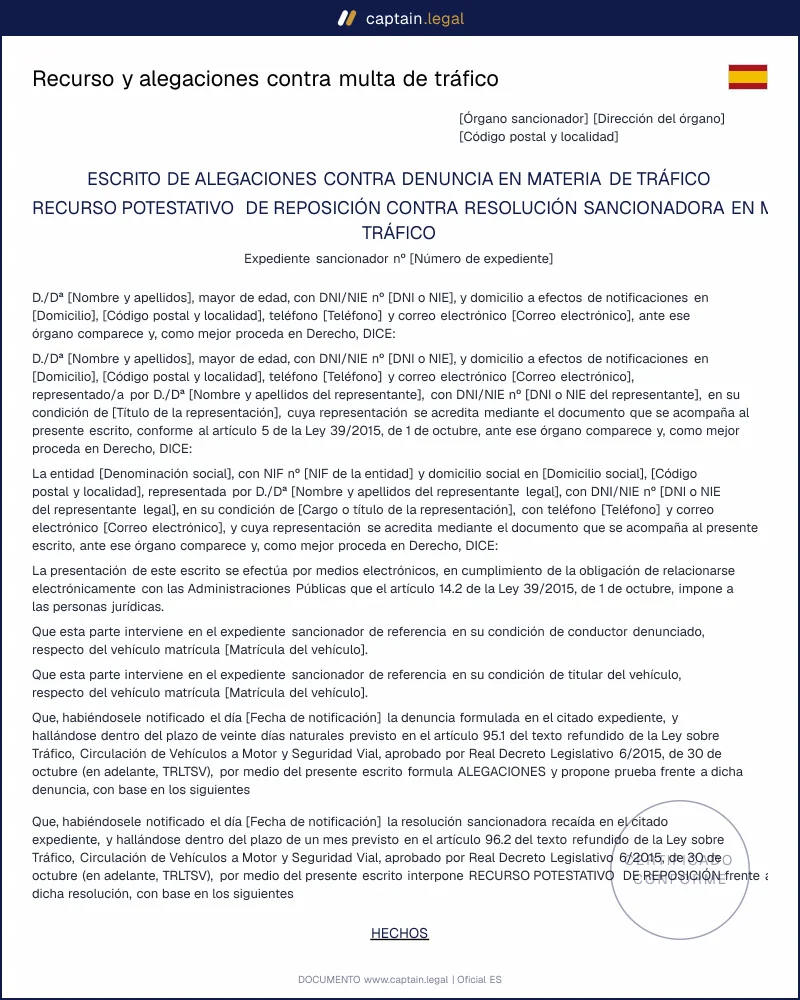Alegaciones contra multa de tráfico | Art. 95 RDL 6/2015
