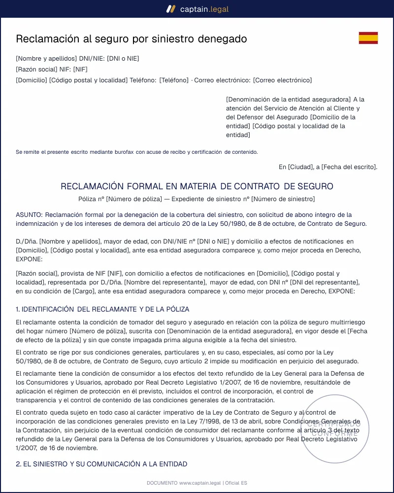 Reclamación a la aseguradora: art. 20 LCS | Word y PDF