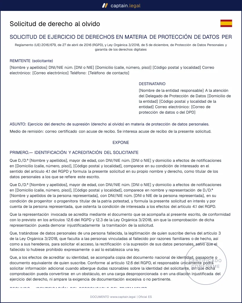Derecho de supresión art. 17 RGPD: modelo de solicitud
