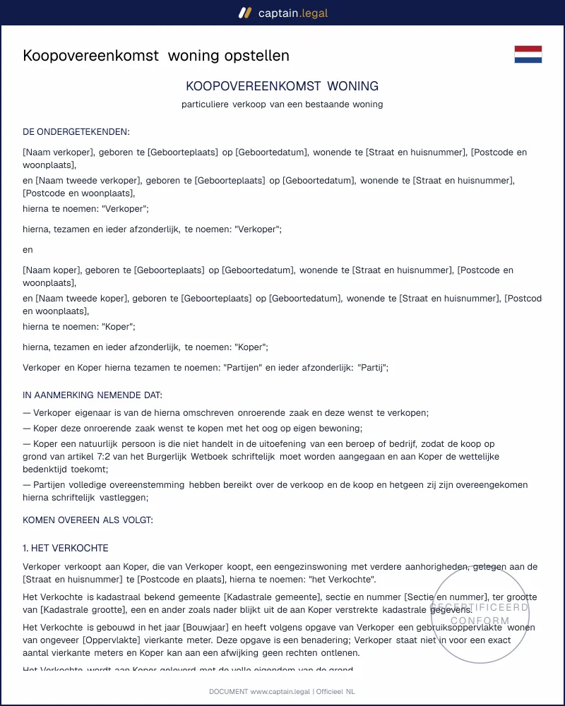 Koopovereenkomst woning conform artikel 7:2 BW