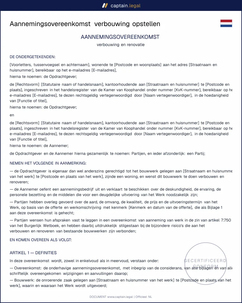 Aannemingsovereenkomst verbouwing conform Boek 7 BW
