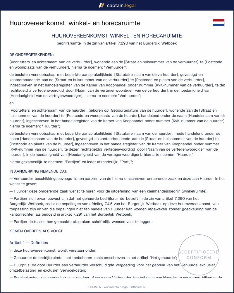 Huurovereenkomst winkelruimte volgens artikel 7:290 BW