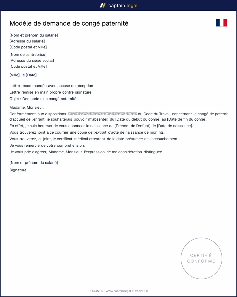 Modèle de demande de congé paternité - PDF et Word