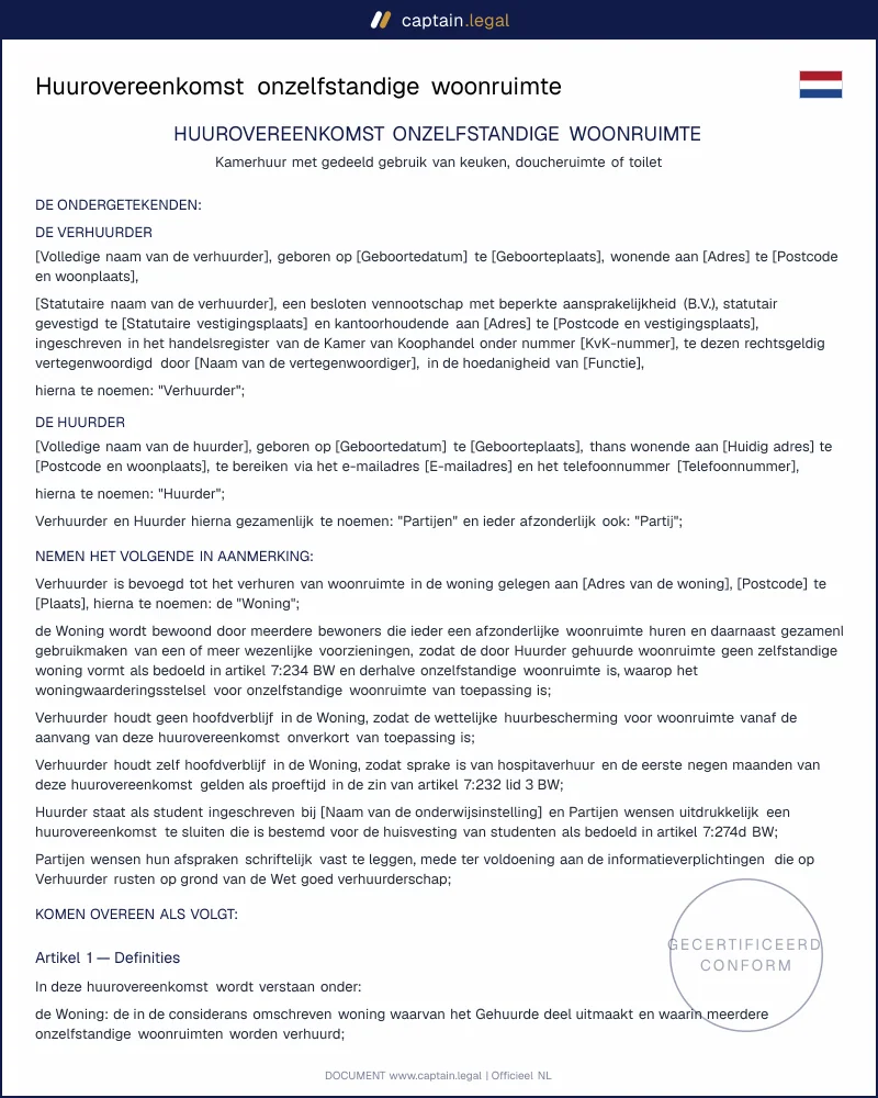 Huurcontract kamerverhuur conform Boek 7 BW en WWSO