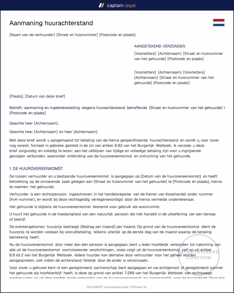 Ingebrekestelling huurachterstand (art. 6:82 BW)