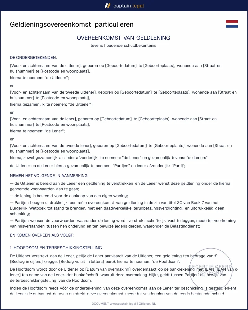 Geldleningsovereenkomst volgens artikel 7:129 BW | Model