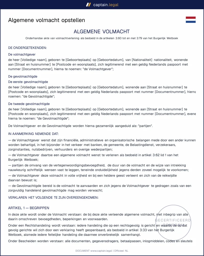 Algemene volmacht volgens Boek 3 BW | PDF en Word