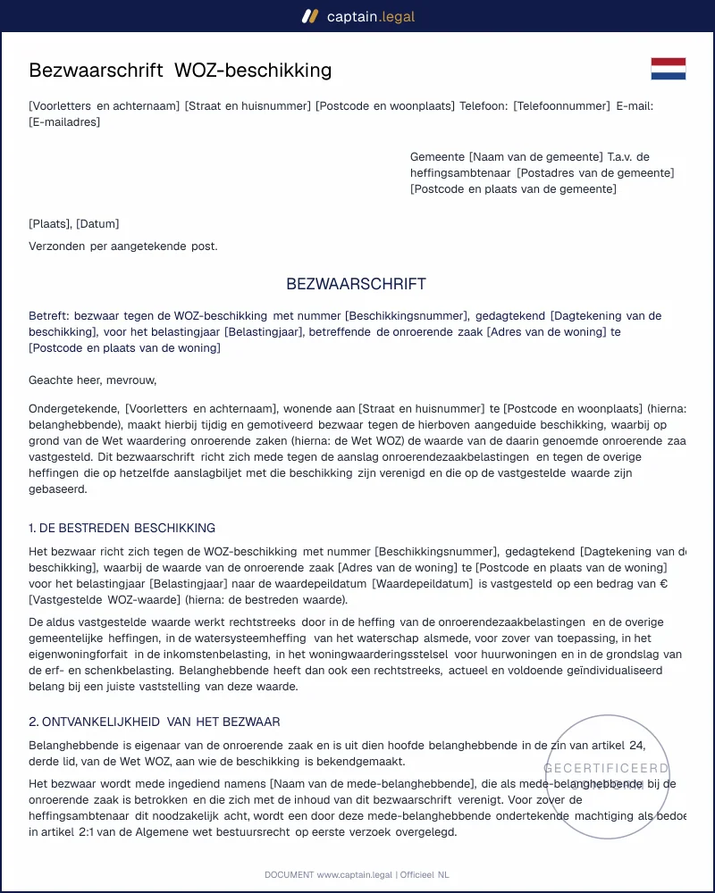 Bezwaar WOZ-waarde: modelbrief conform Wet WOZ en Awb