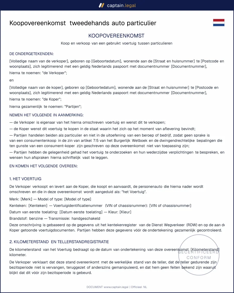 Koopovereenkomst auto particulieren conform Boek 7 BW