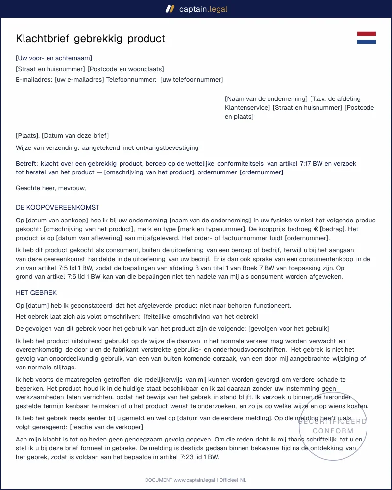 Klachtbrief gebrekkig product volgens artikel 7:17 BW