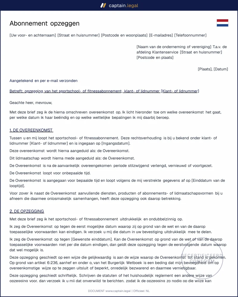 Opzegging abonnement conform de Wet van Dam | Model