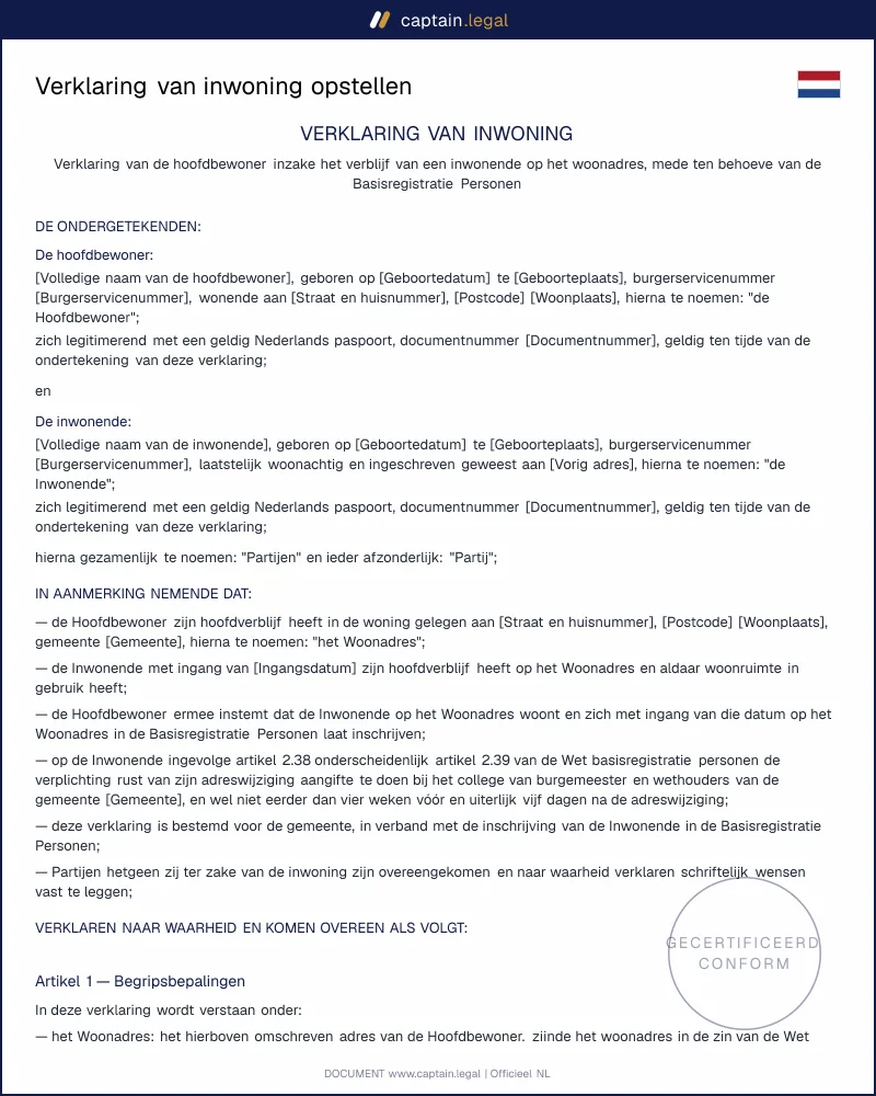 Verklaring van inwoning volgens artikel 2.38 Wet BRP