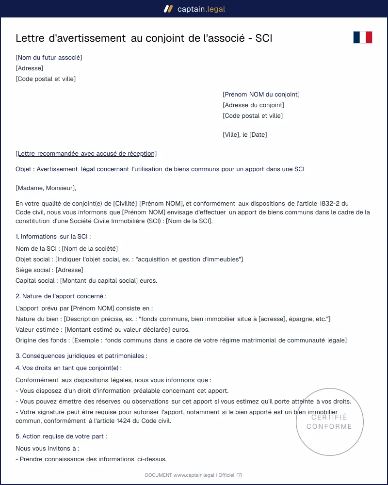 Lettre d'avertissement au conjoint de l'associé - SCI