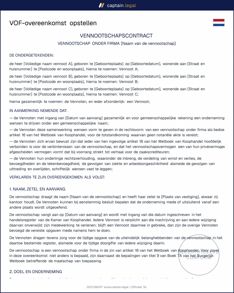 VOF-overeenkomst volgens artikel 22 WvK | Word en PDF
