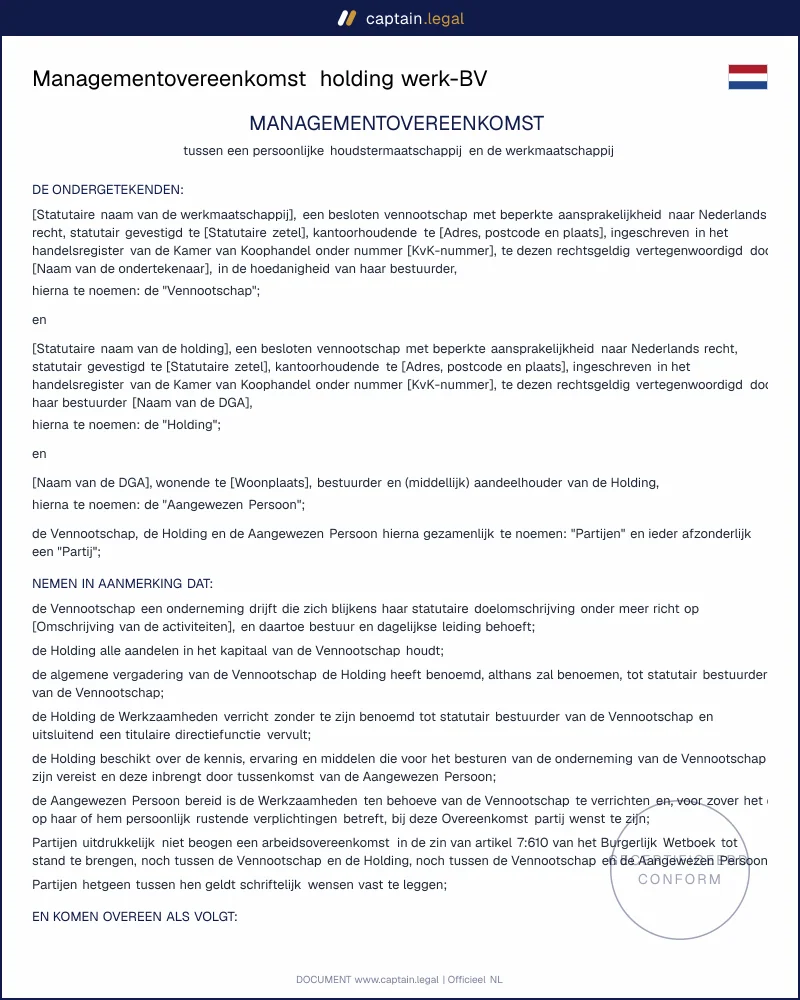 Managementovereenkomst art. 7:400 BW | Holding en werk-BV