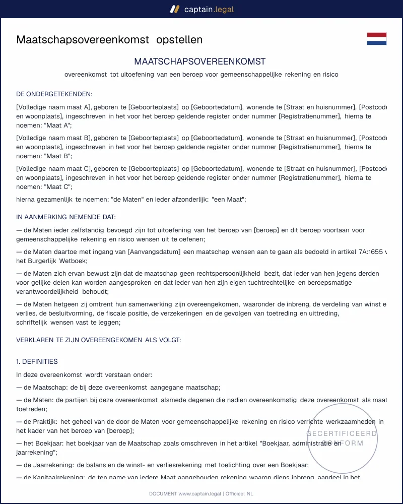 Maatschapsovereenkomst volgens artikel 7A:1655 BW | Model