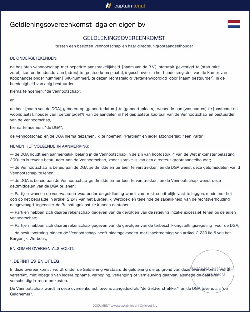 Geldlening dga en bv: model conform artikel 2:247 BW