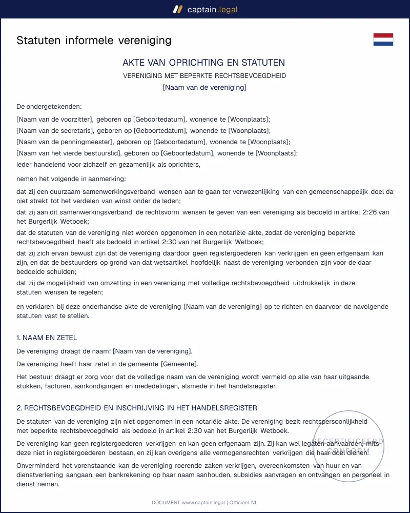 Statuten informele vereniging | artikel 2:30 BW en WBTR