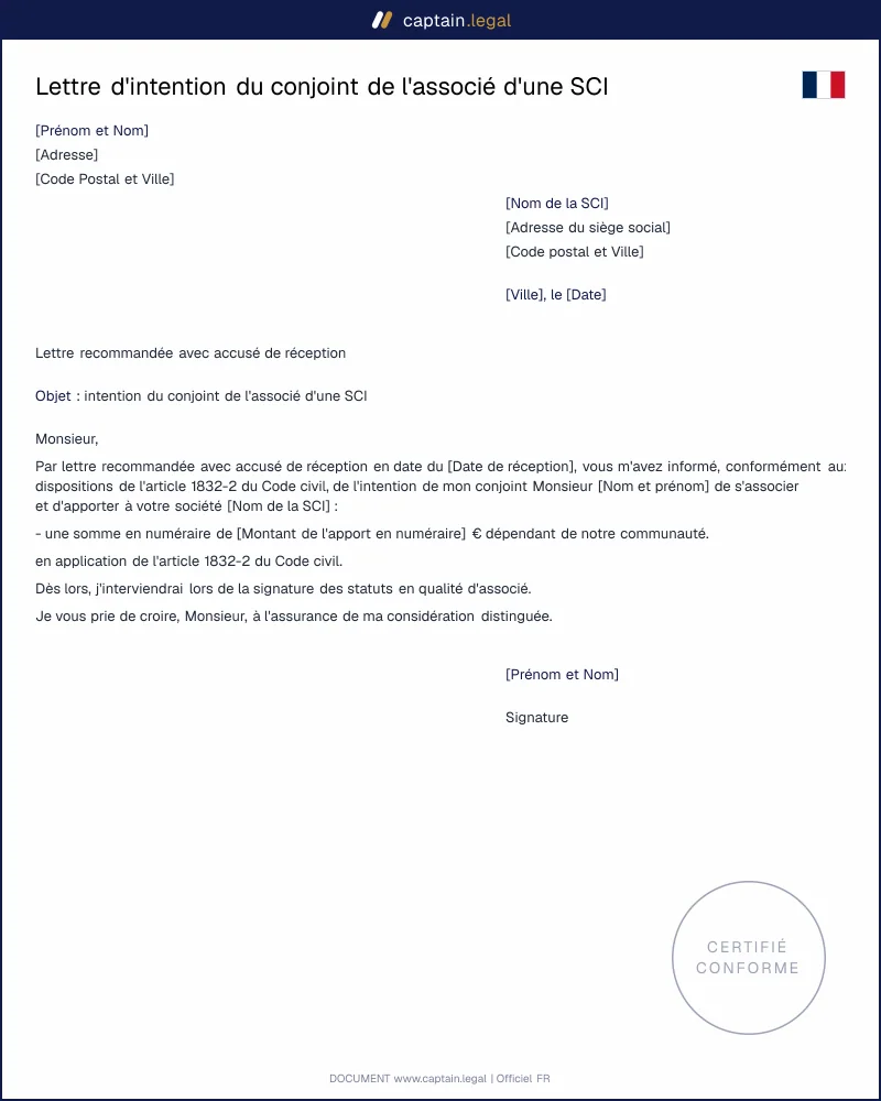 Lettre d'intention du conjoint - Associé SCI