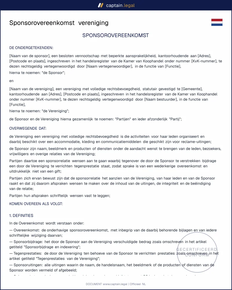 Sponsorovereenkomst vereniging conform art. 6:261 BW