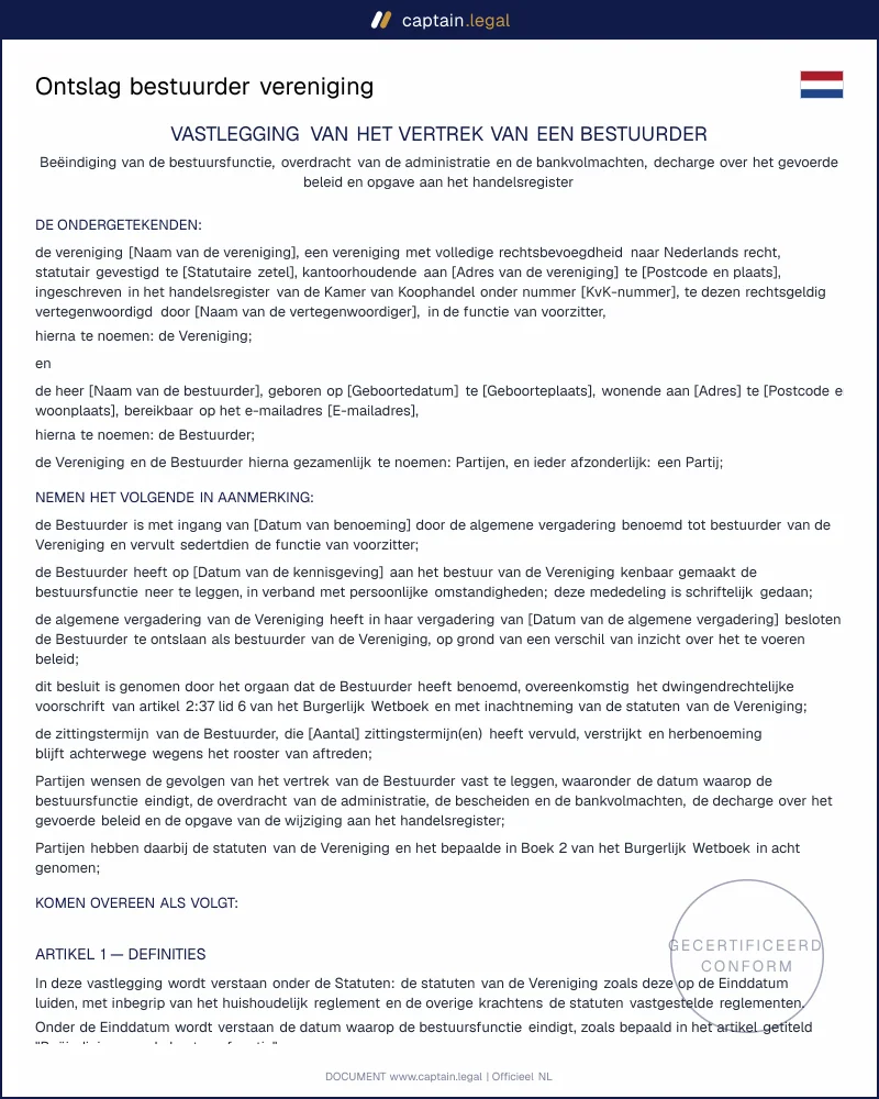 Ontslag bestuurder volgens artikel 2:37 lid 6 BW | Model