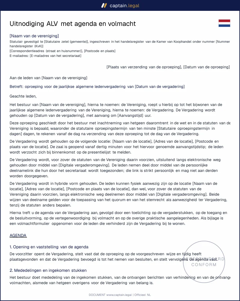 Uitnodiging ALV vereniging conform Boek 2 BW | Model