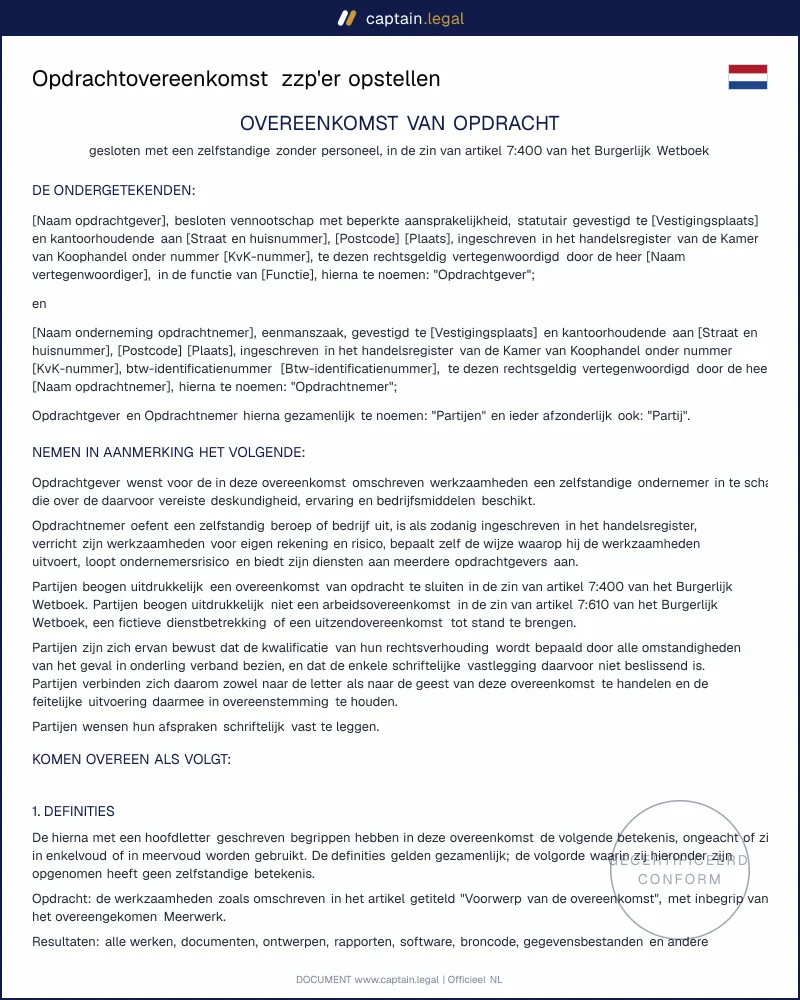 Opdrachtovereenkomst zzp'er volgens artikel 7:400 BW