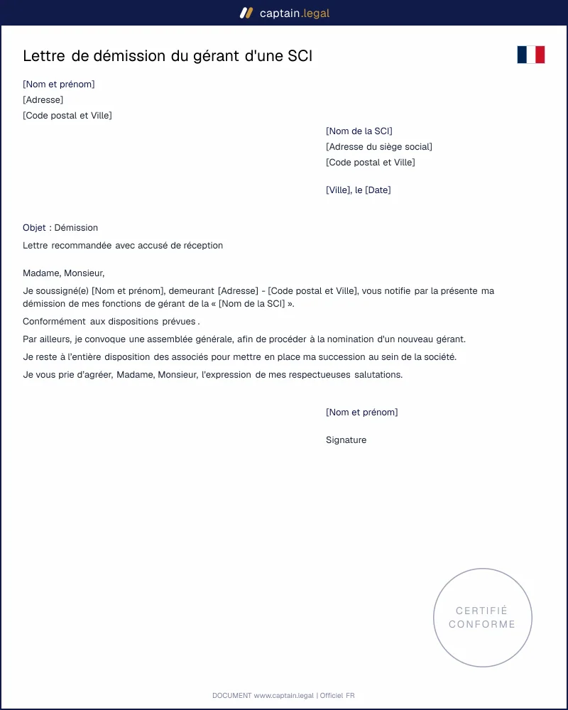Lettre de démission du gérant d'une SCI