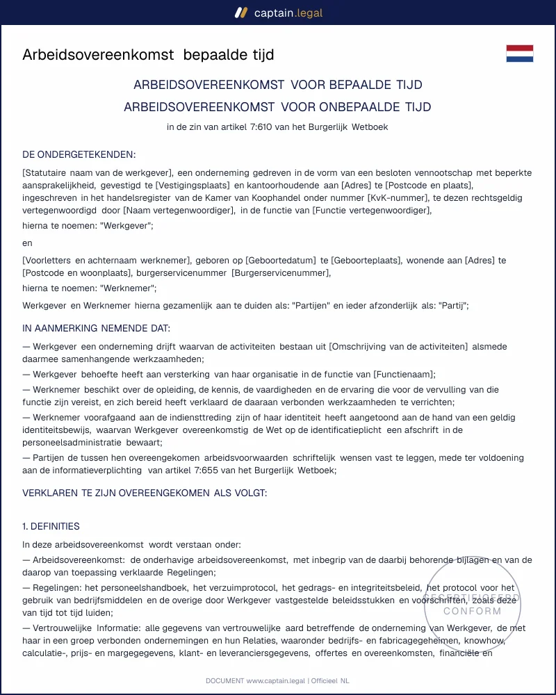 Arbeidsovereenkomst model | titel 7.10 BW en art. 7:668a