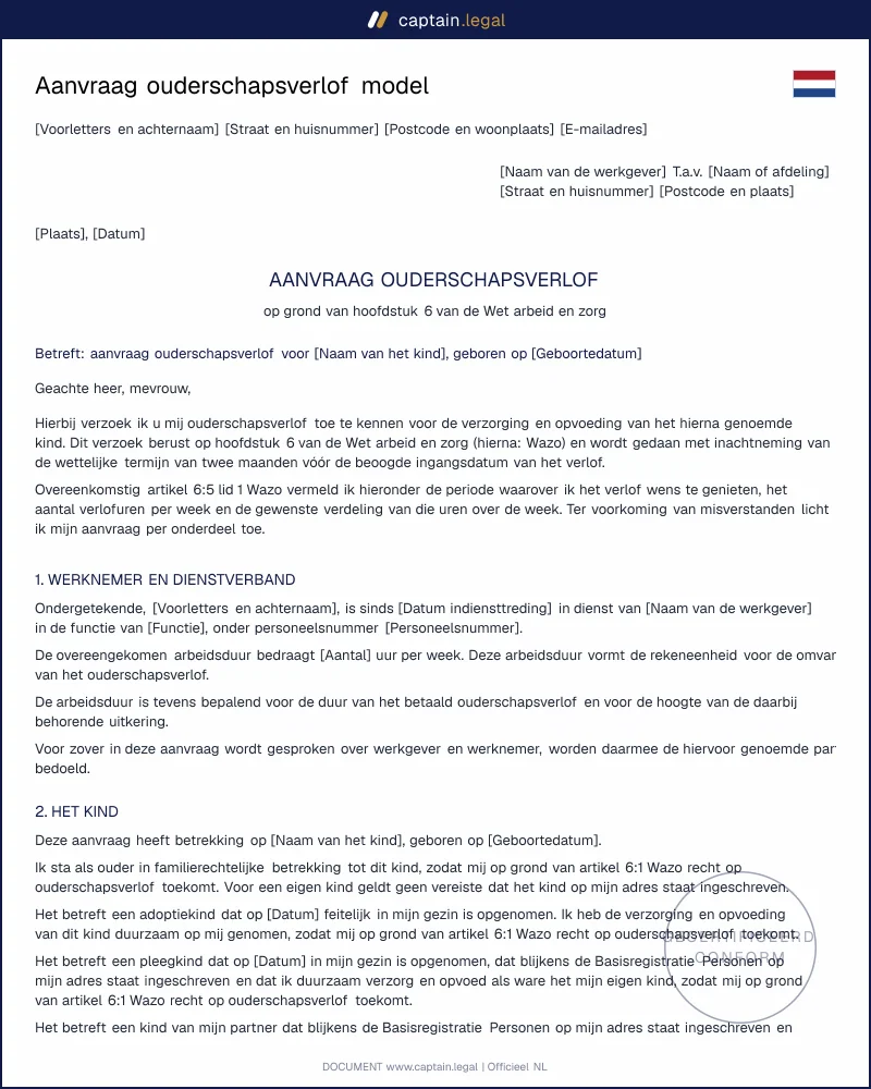 Ouderschapsverlof aanvragen | art. 6:5 WAZO model
