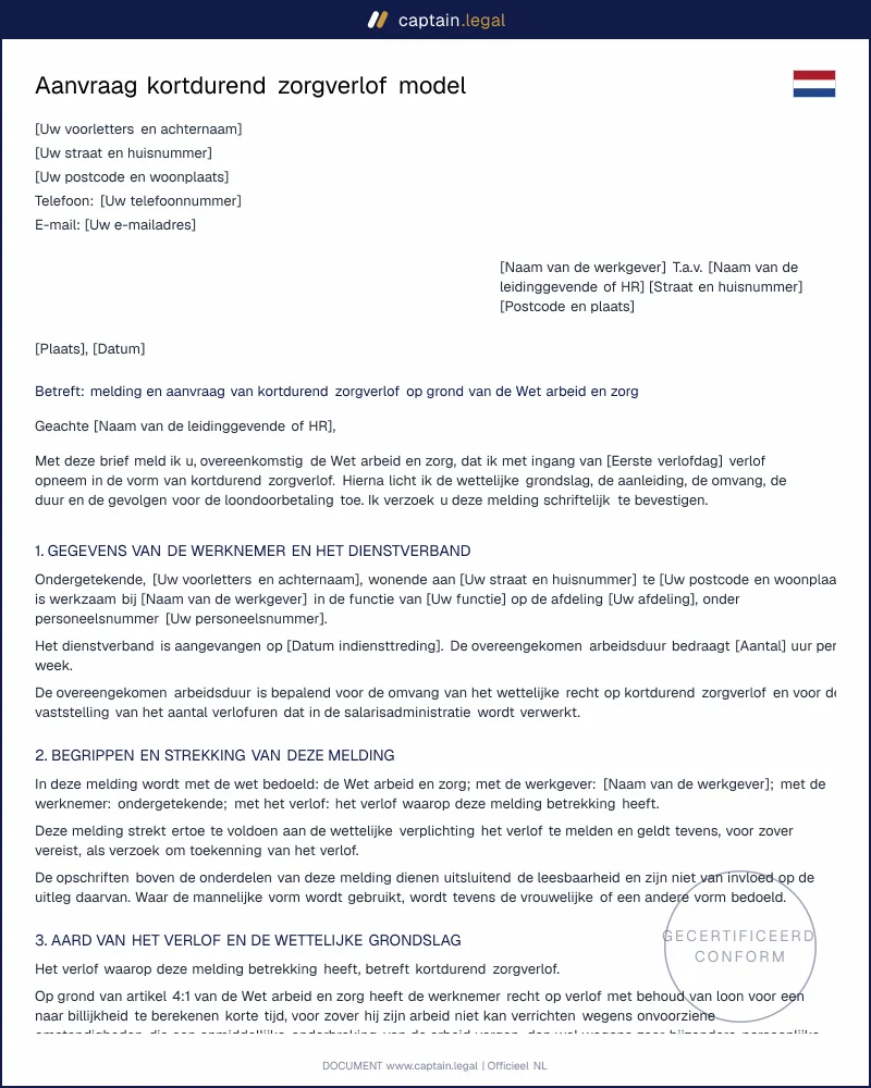 Kortdurend zorgverlof aanvragen | art. 5:1 WAZO model