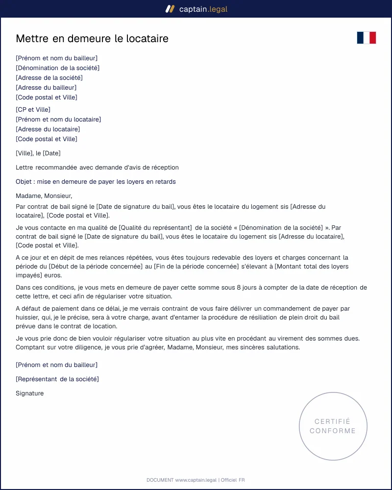 Mettre en demeure le locataire de payer ses loyers