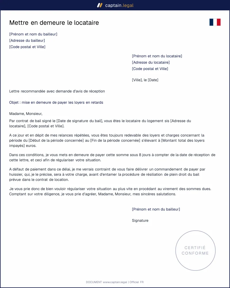 Mettre en demeure le locataire de payer ses loyers